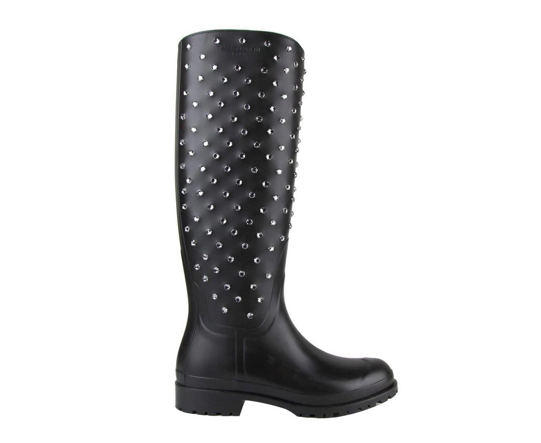 Saint Laurent Women's Black Rubber Rain Boots With Crystal Studs (35 EU / 5 US)
