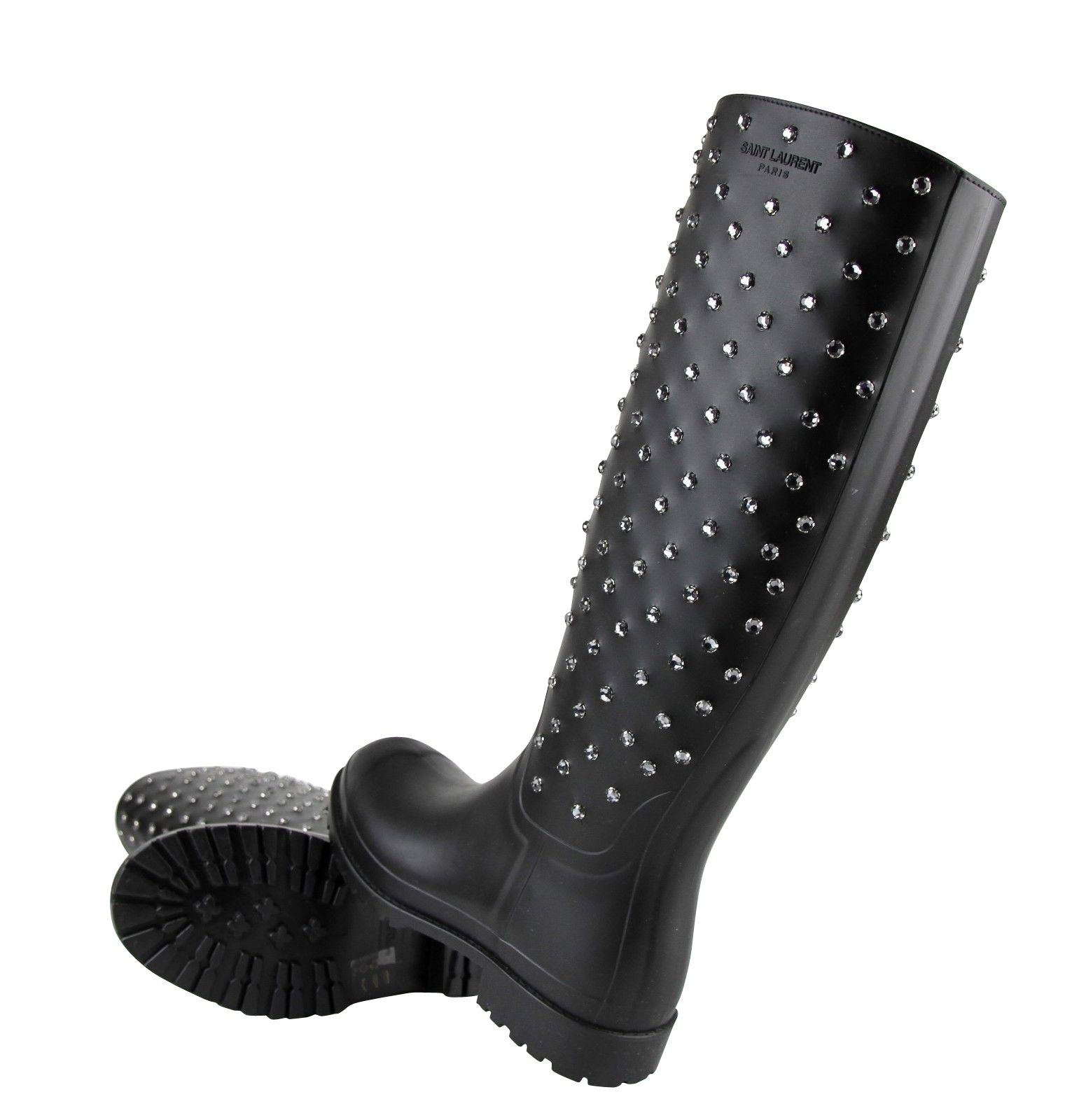 Saint Laurent Women's Black Rubber Women Rain Boots With Crystal Studs (36 EU / 6 US)