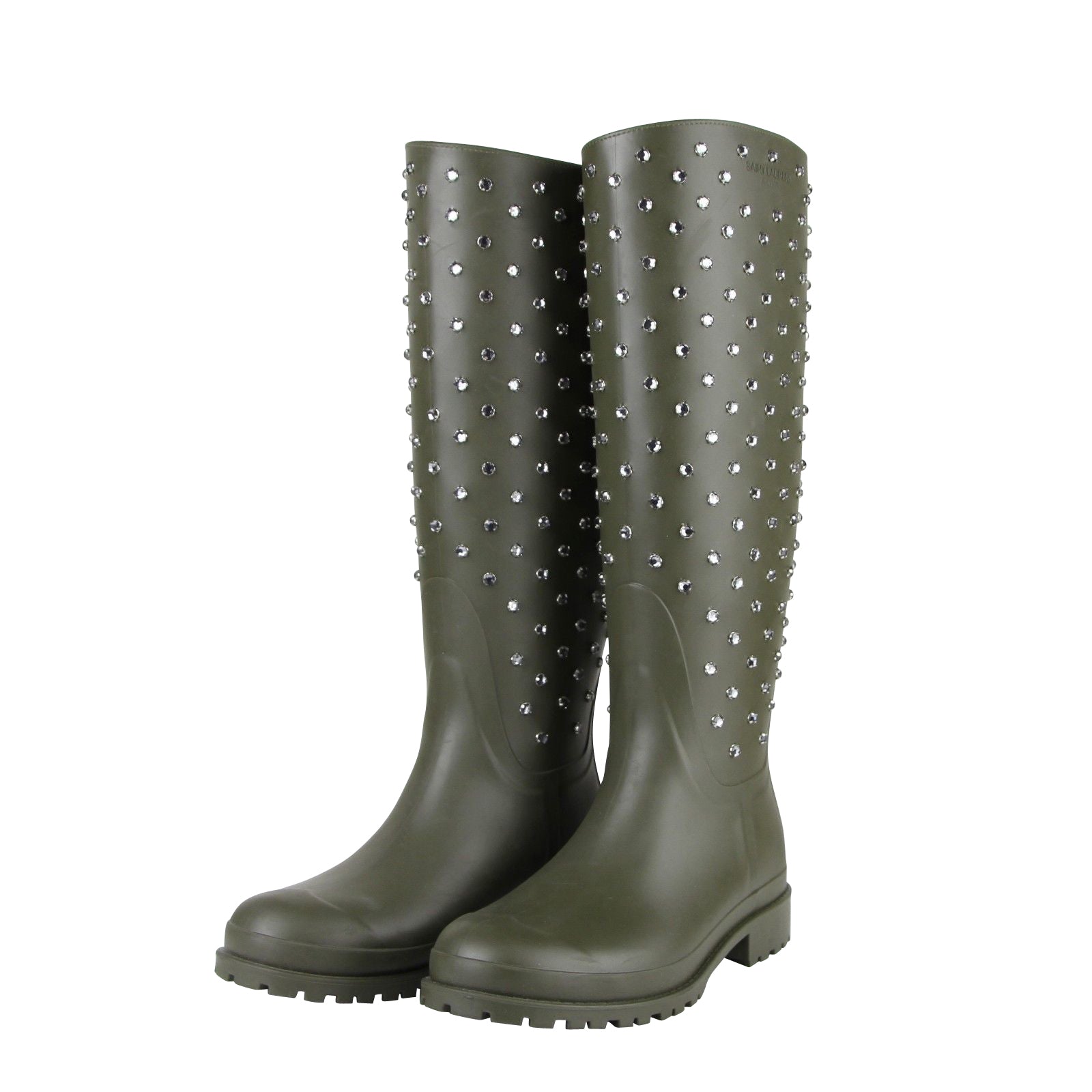 Saint Laurent Women's Diamond Studs Olive Green Rubber Rain Boots