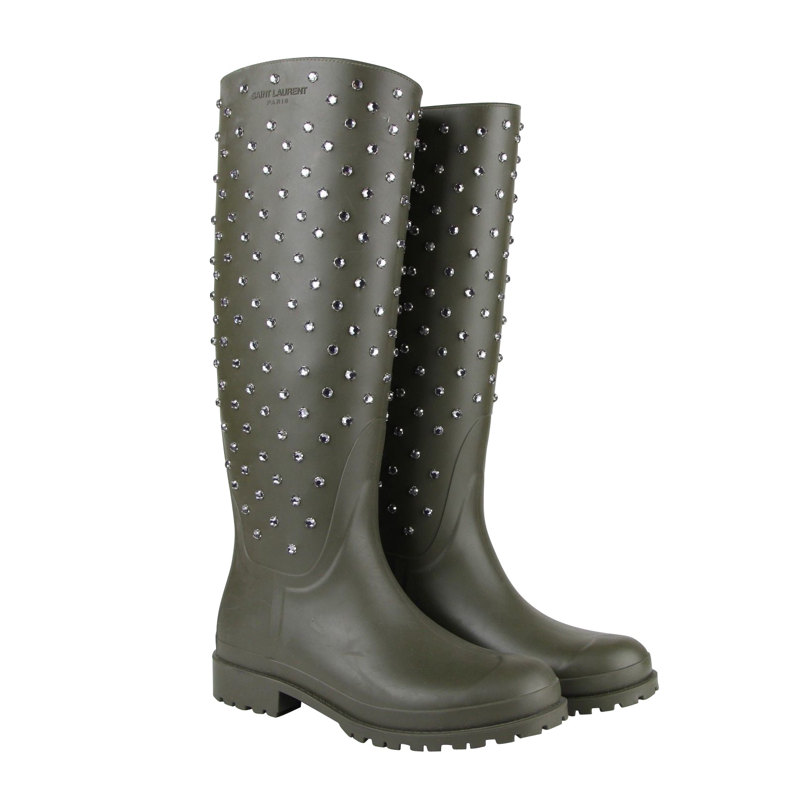 Saint Laurent Women's Diamond Studs Olive Green Rubber Rain Boots