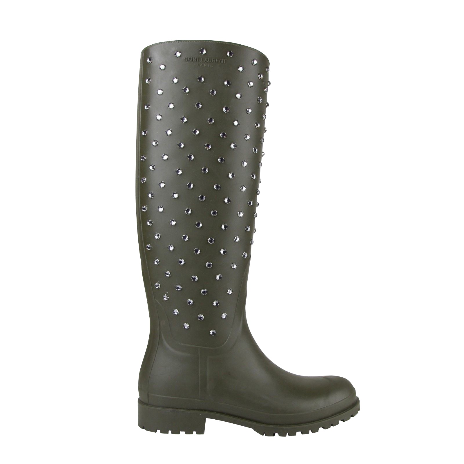 Saint Laurent Women's Diamond Studs Olive Green Rubber Rain Boots