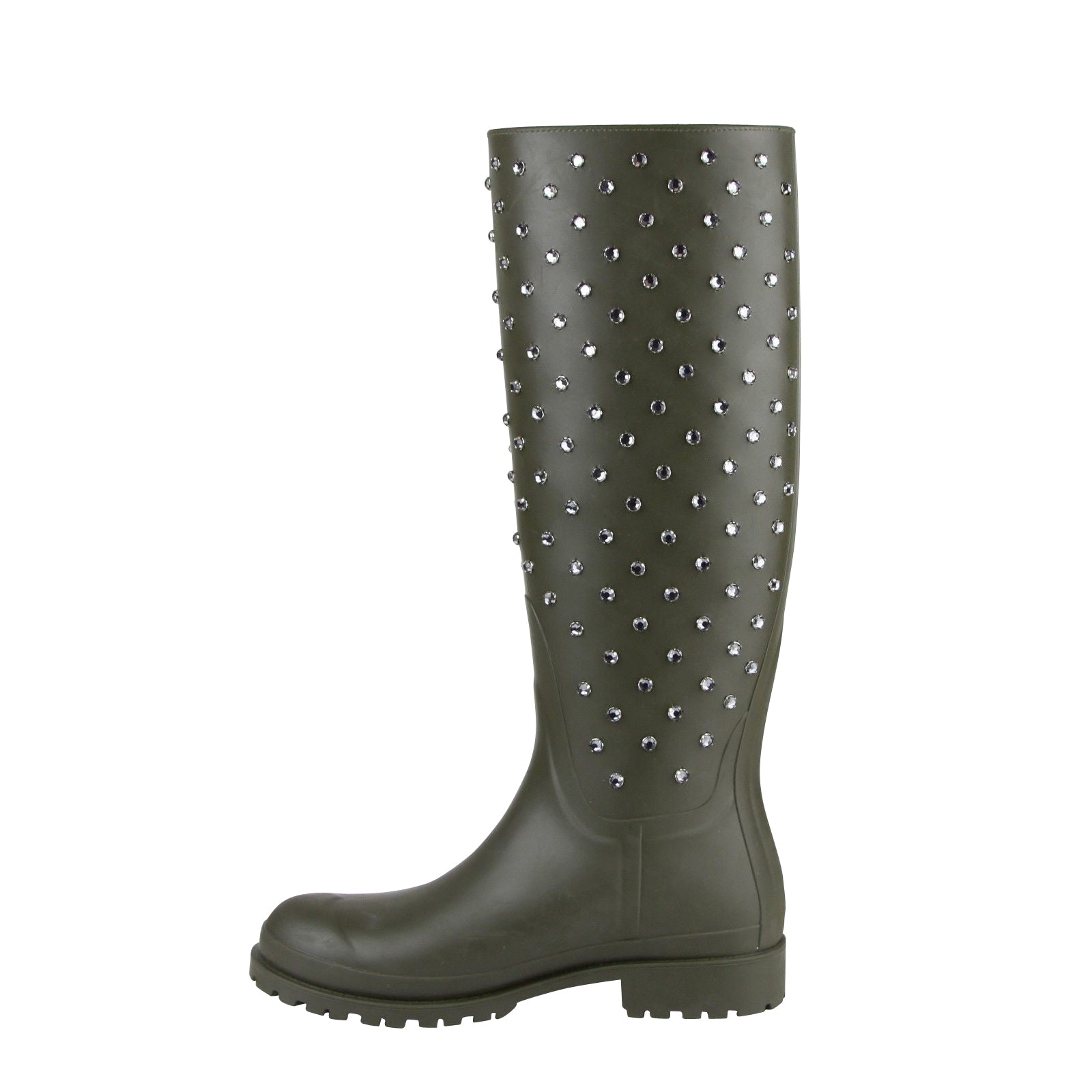 Saint Laurent Women's Diamond Studs Olive Green Rubber Rain Boots