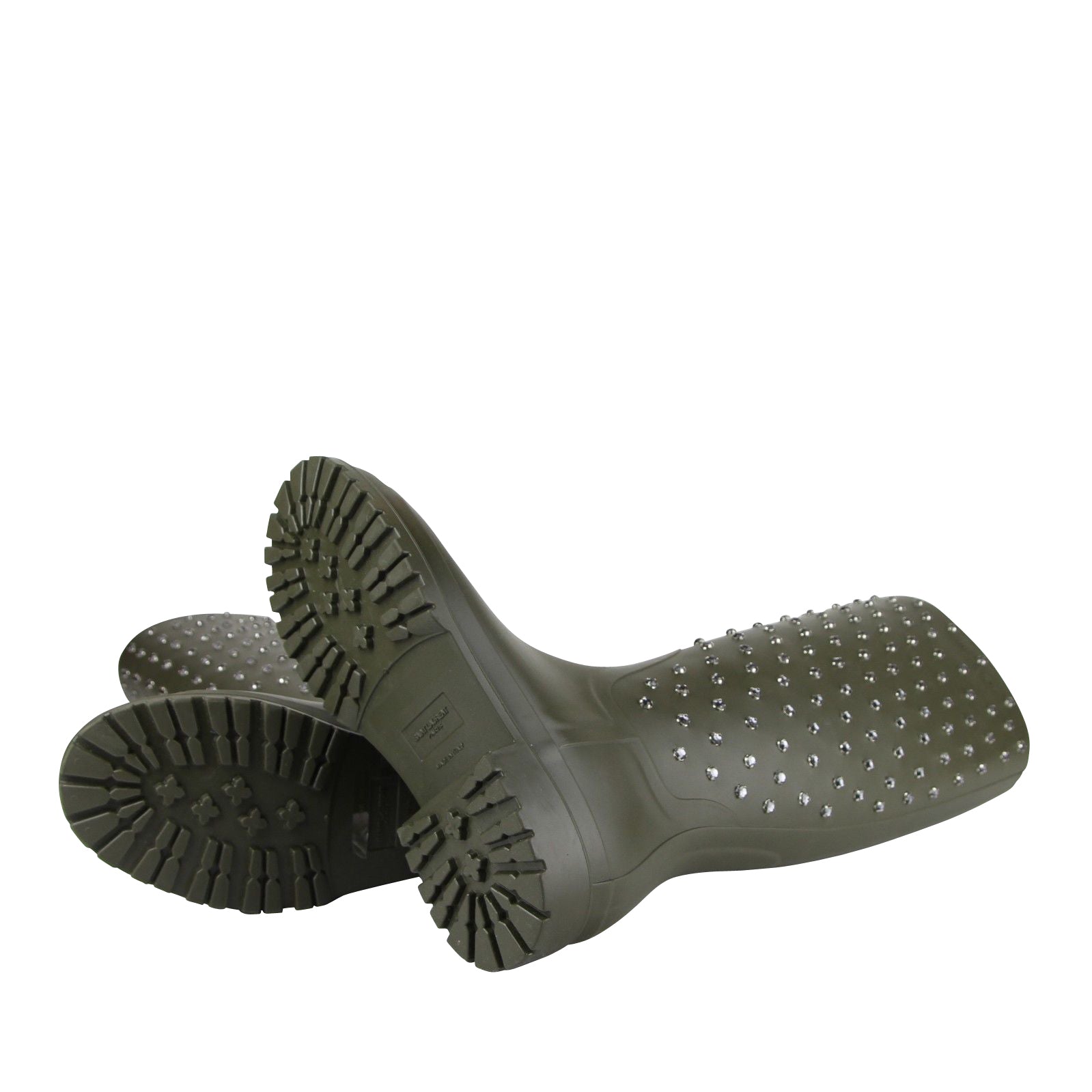 Saint Laurent Women's Diamond Studs Olive Green Rubber Rain Boots