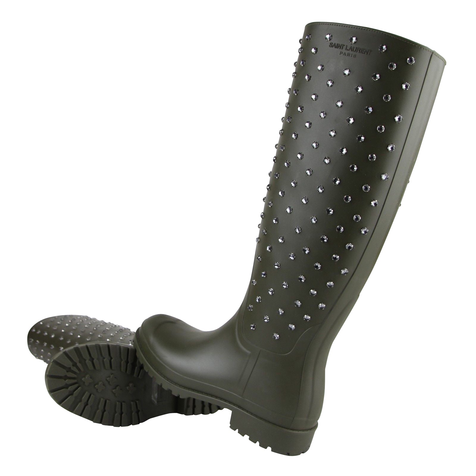 Saint Laurent Women's Diamond Studs Olive Green Rubber Rain Boots