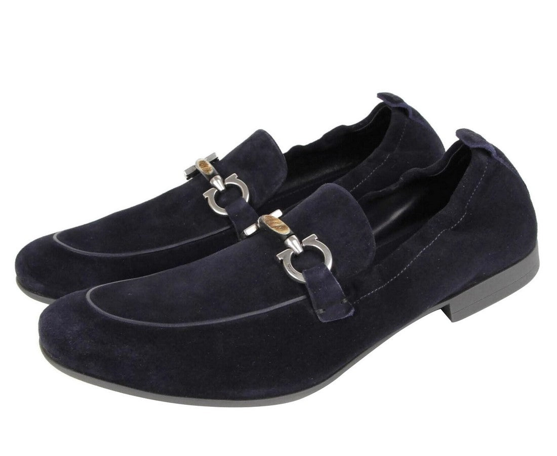 Salvatore Ferragamo Men's Celso Dark Blue Suede Stretch Horsebit Loafer 0689525