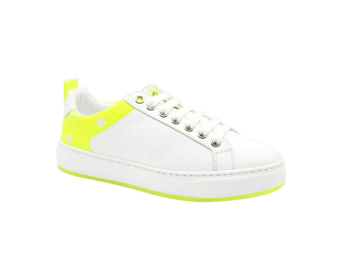 MCM Women's White Leather Neon Green Logo Trim Low Top Sneaker MES9ALC67WT