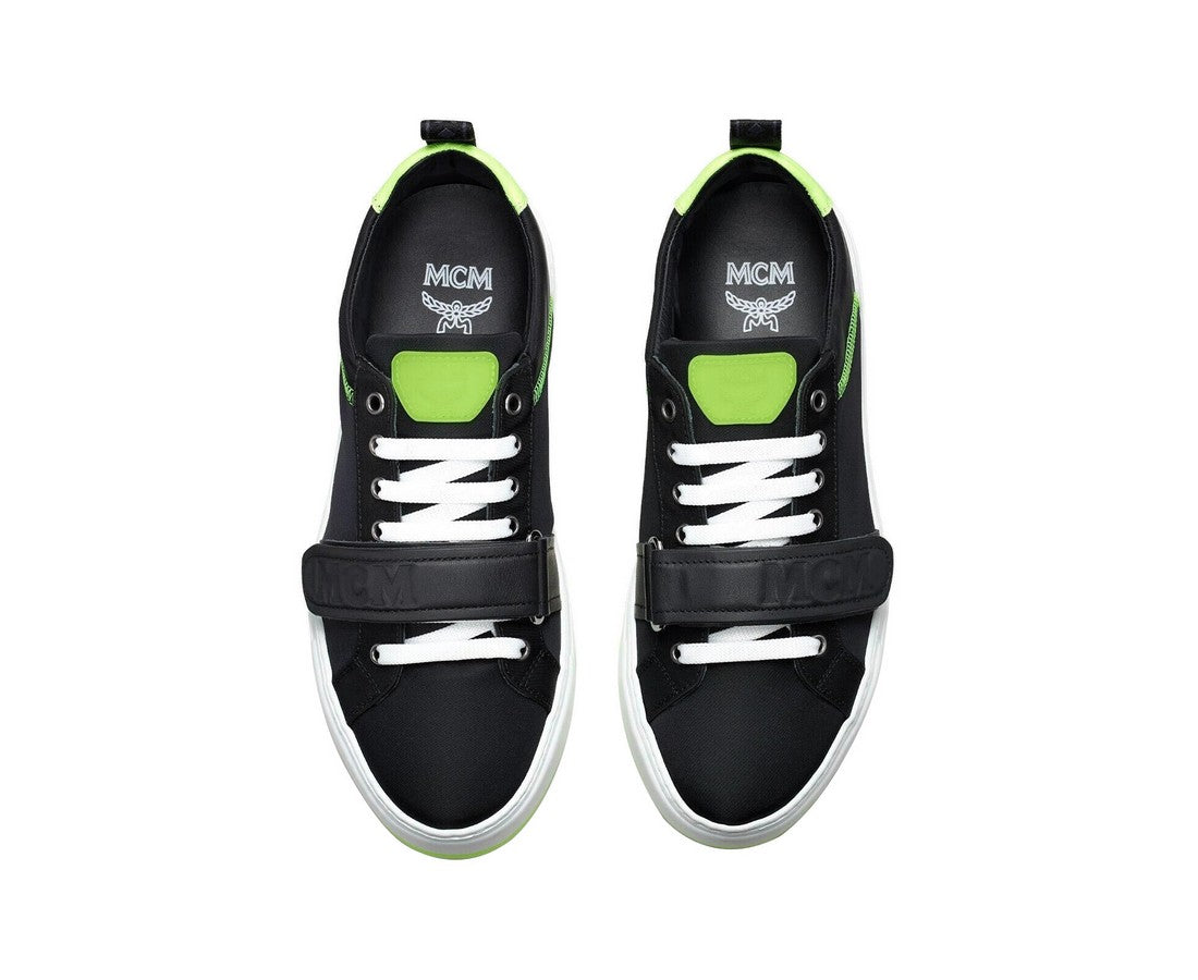 MCM Men's Black Nylon Neon Green Low-Top With Strap Sneakers MEX9AMM68BK