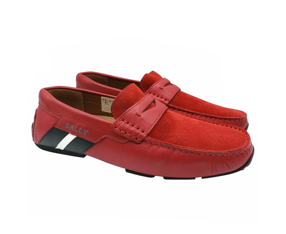 Bally Men's Red Piotre Leather / Suede With Black / White Web Logo Slip On Loafer Shoes (6 EU / 7EEE US)