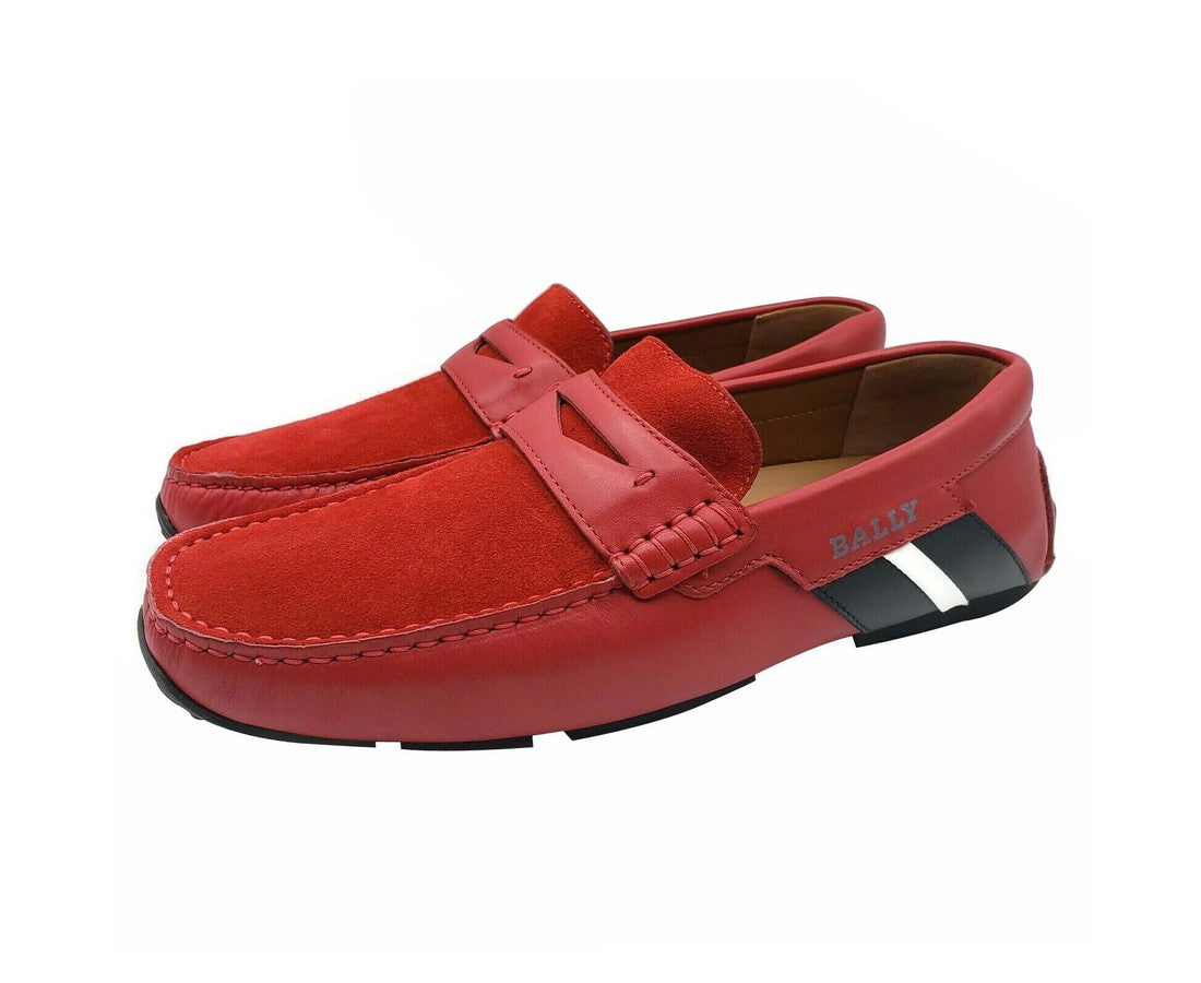 Bally Men's Red Piotre Leather / Suede With Black / White Web Logo Slip On Loafer Shoes (6 EU / 7EEE US)