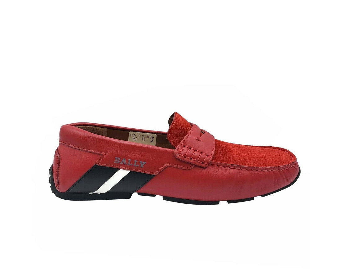Bally Men's Red Piotre Leather / Suede With Black / White Web Logo Slip On Loafer Shoes (6 EU / 7EEE US)