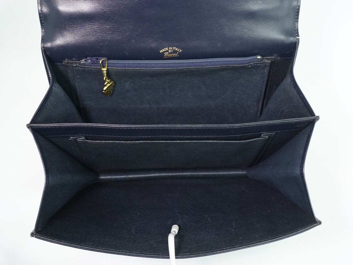 Gucci Vintage Top Handle Flap Leather With Chain Detail Navy Leather Handbag (Pre-Owned)