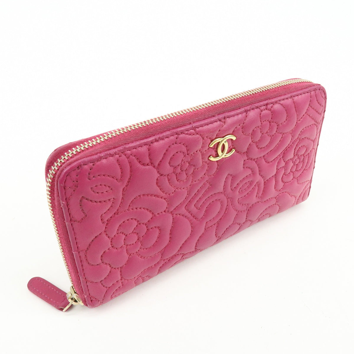 Chanel Zip Around Camellia Patent Pink Calfskin Wallets Accessory (Pre-Owned)