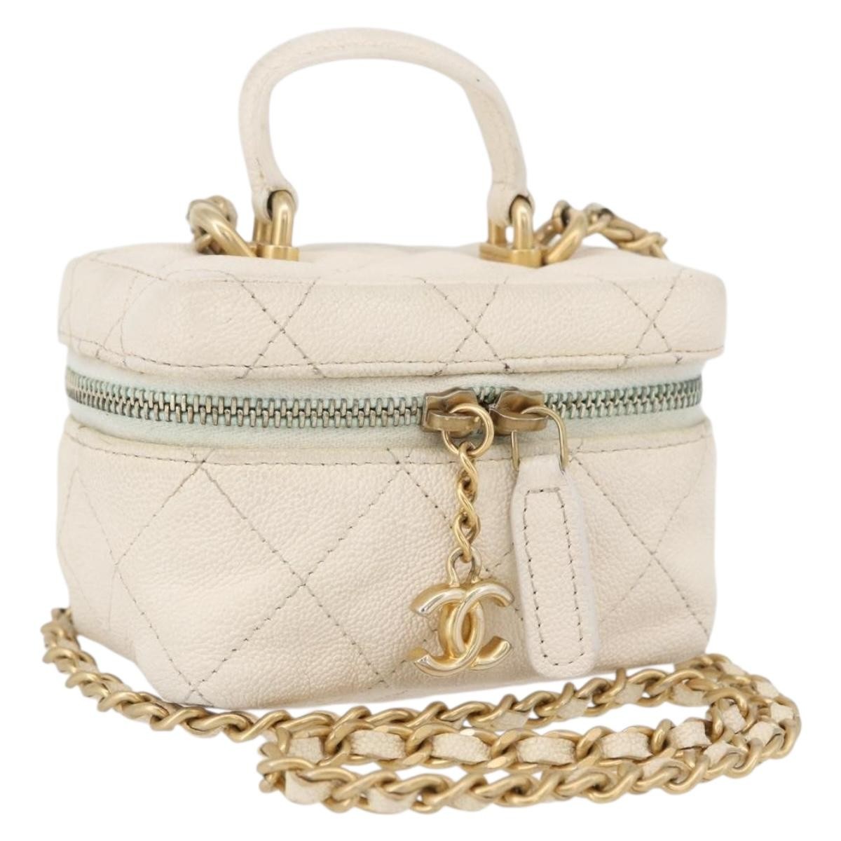 Chanel Top Handle Zip Around Vanity Case With Chain Quilted Caviar White Leather Handbag (Pre-Owned)