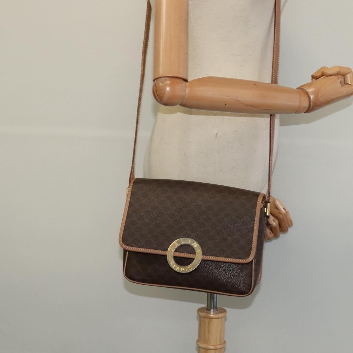 Celine Vintage Macadam Circle Logo Canvas And Leather Brown Canvas Shoulder Bag Bag (Pre-Owned)