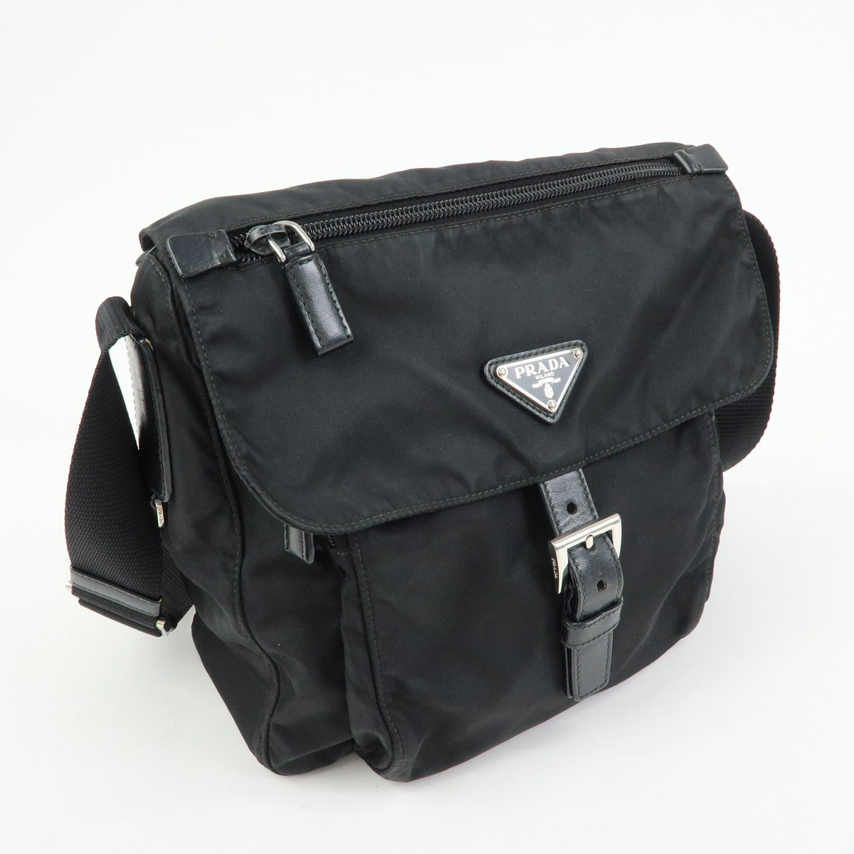 Prada Zip Buckle Messenger Tessuto Black Nylon Handbag (Pre-Owned)