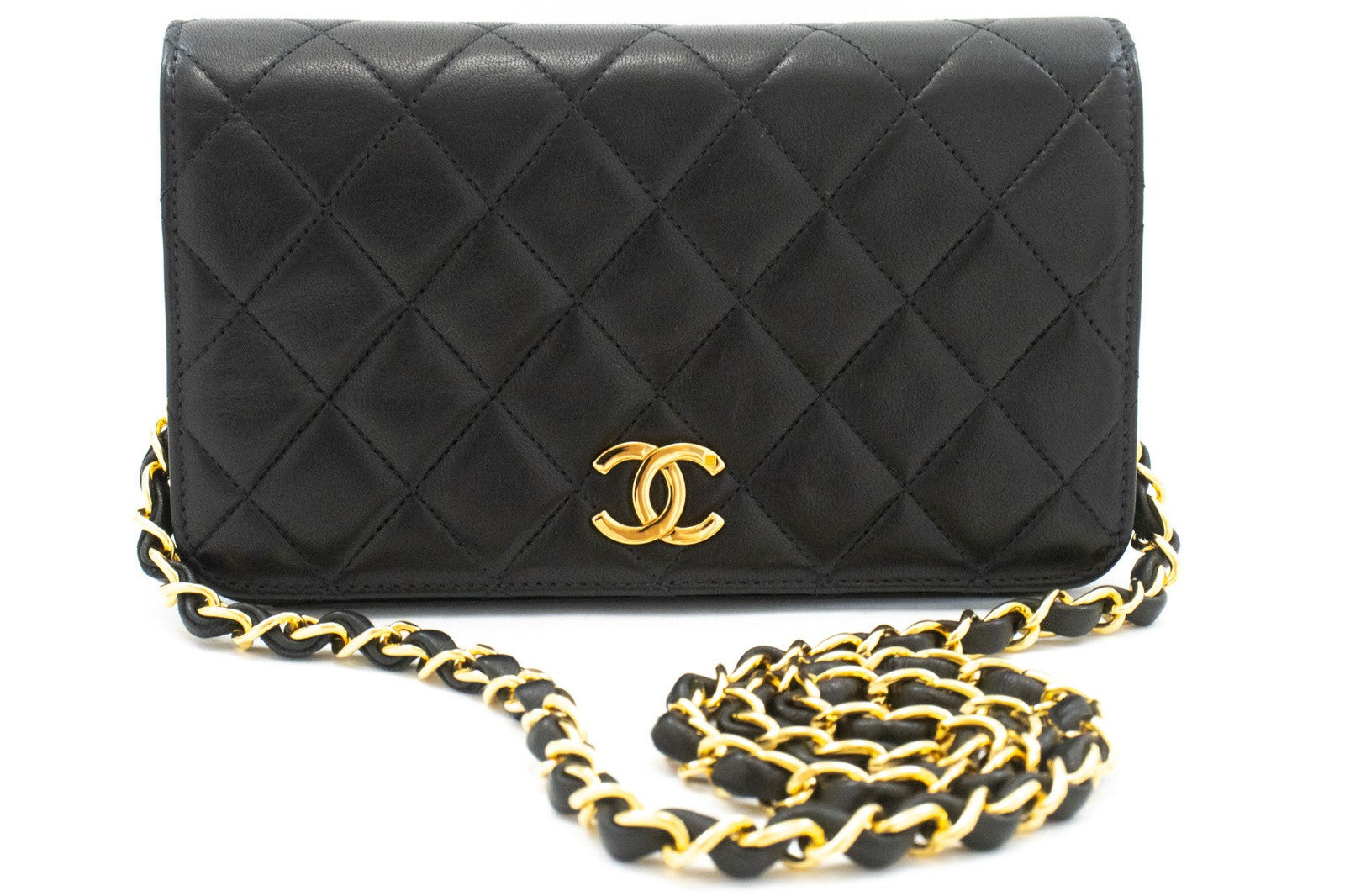 Chanel Vintage Full Flap Quilted Lambskin Black Leather Shoulder Bag Bag (Pre-Owned)