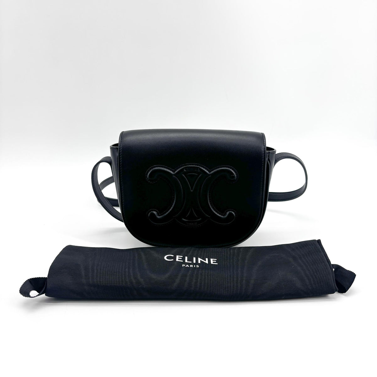 Celine Cuir Triomphe Folco Leather Black Calfskin Handbag (Pre-Owned)