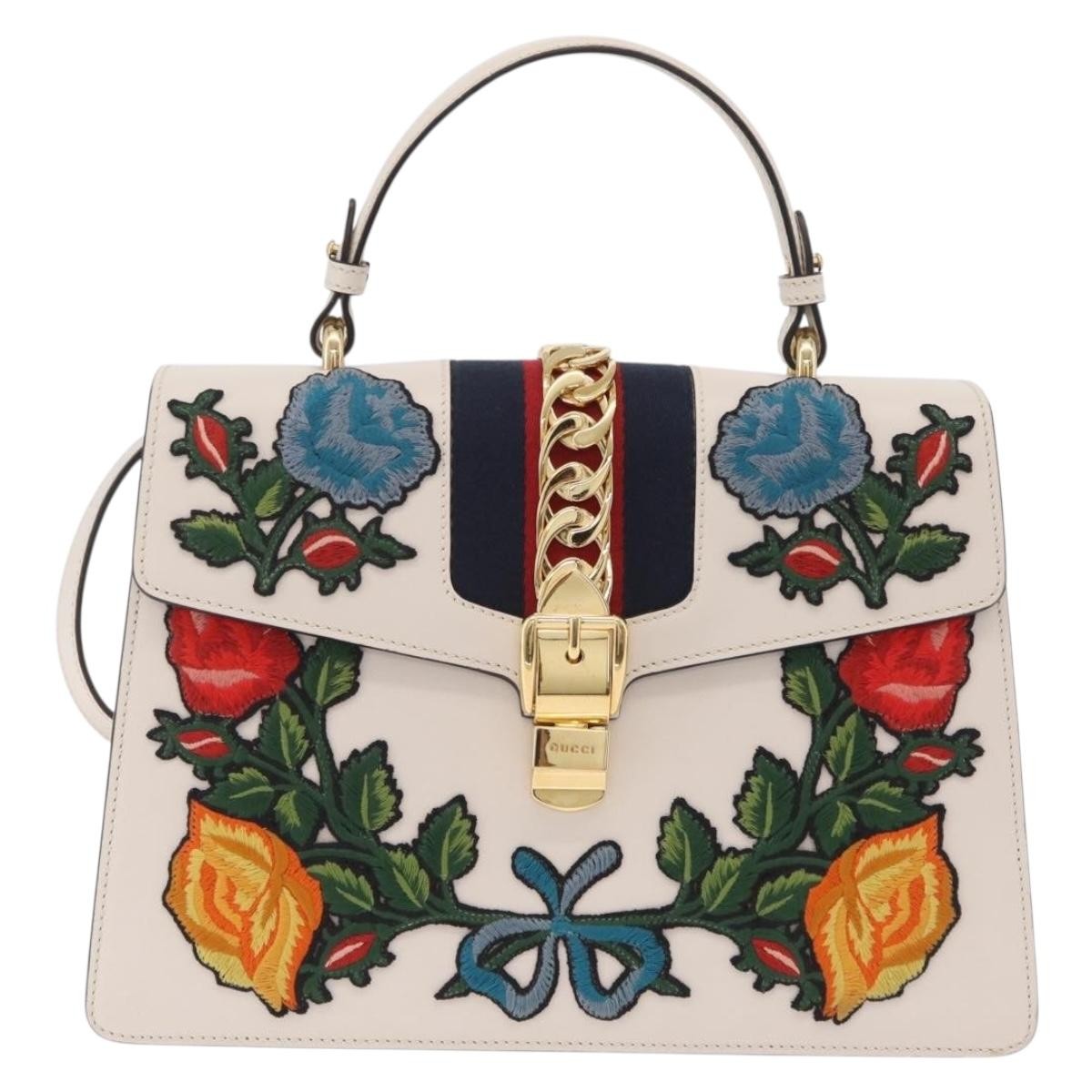 Gucci Sylvie Top Handle Embroidered Leather White Leather Handbag (Pre-Owned)