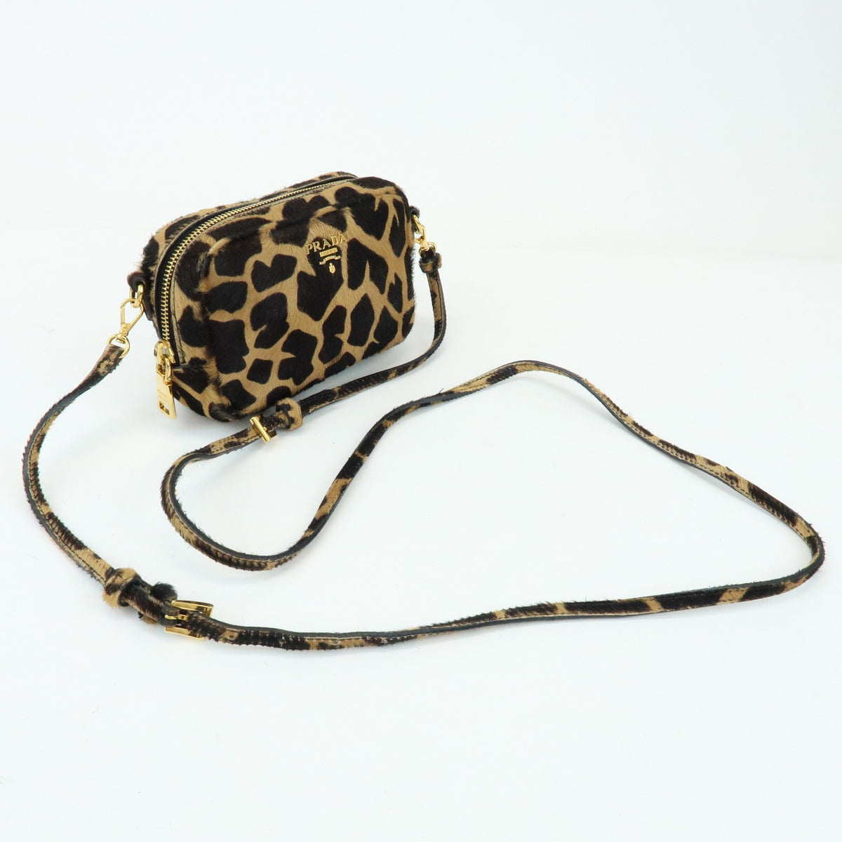 Prada Camera Printed Calf Hair Brown Pony_Style_Calfskin Handbag (Pre-Owned)
