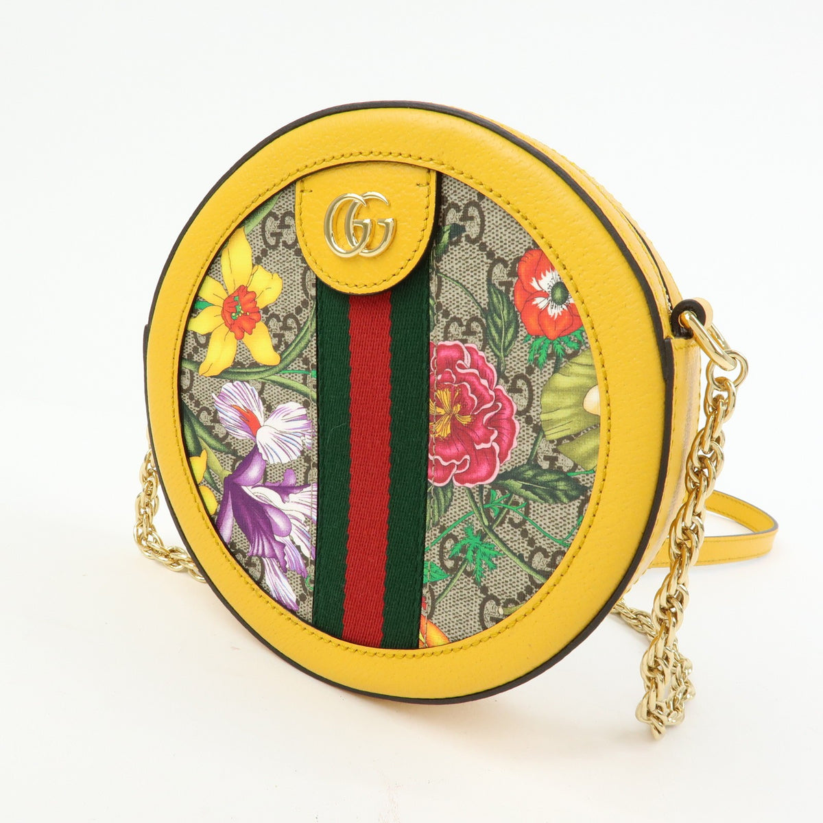 Gucci Ophidia Round Flora Gg Coated Canvas Yellow Leather Shoulder Bag Bag (Pre-Owned)