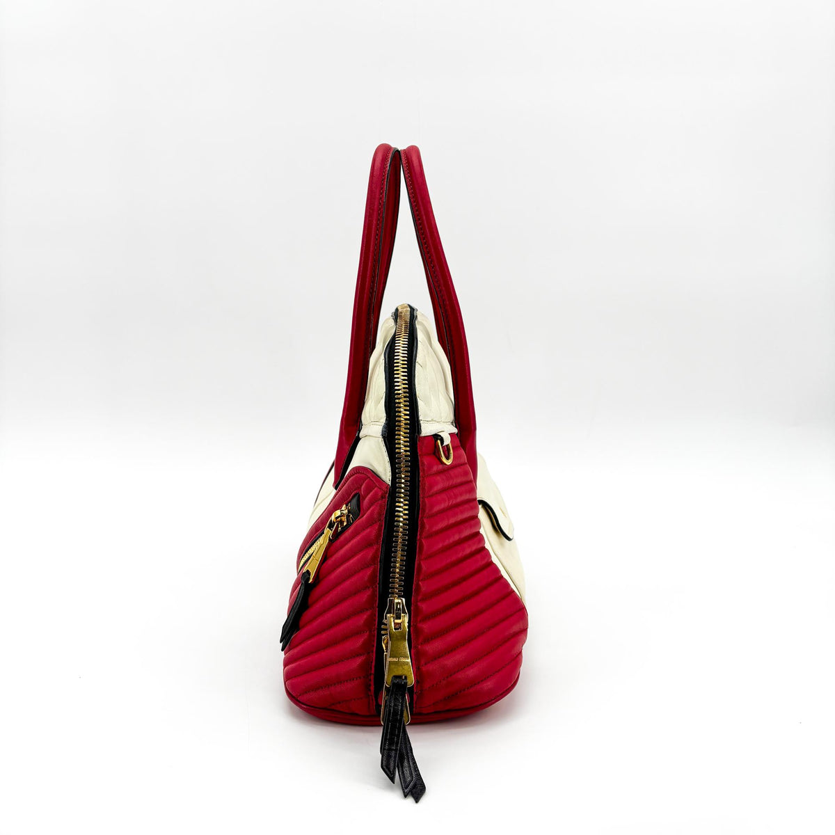 Miu Miu Biker Convertible Dome Satchel Quilted Leather Red Leather Handbag (Pre-Owned)