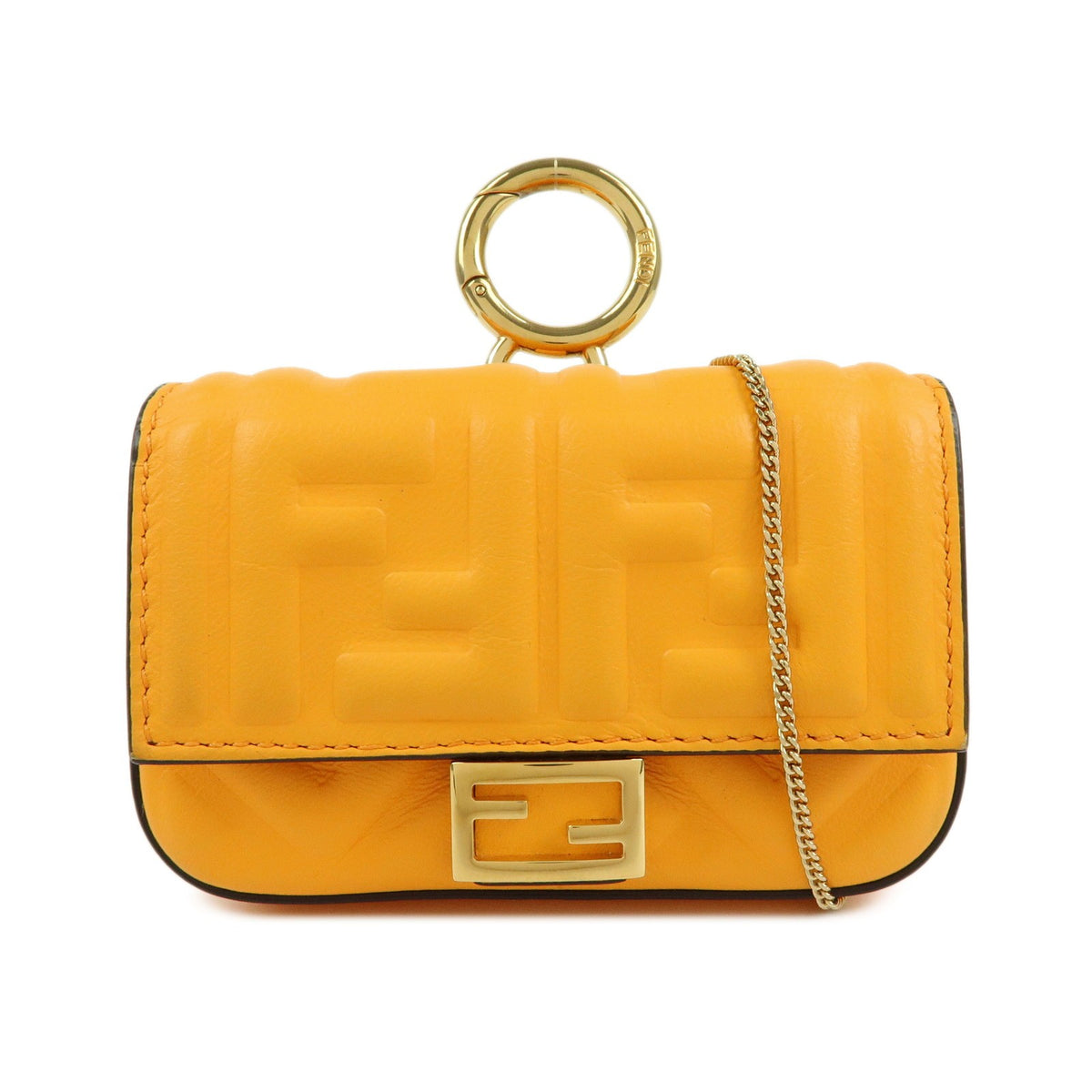 Fendi Chain Baguette Charm Zucca Embossed Leather Orange Leather Handbag (Pre-Owned)
