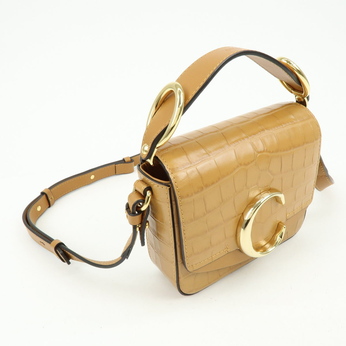 Chloe C Flap Crocodile Embossed Leather Brown Leather Handbag (Pre-Owned)