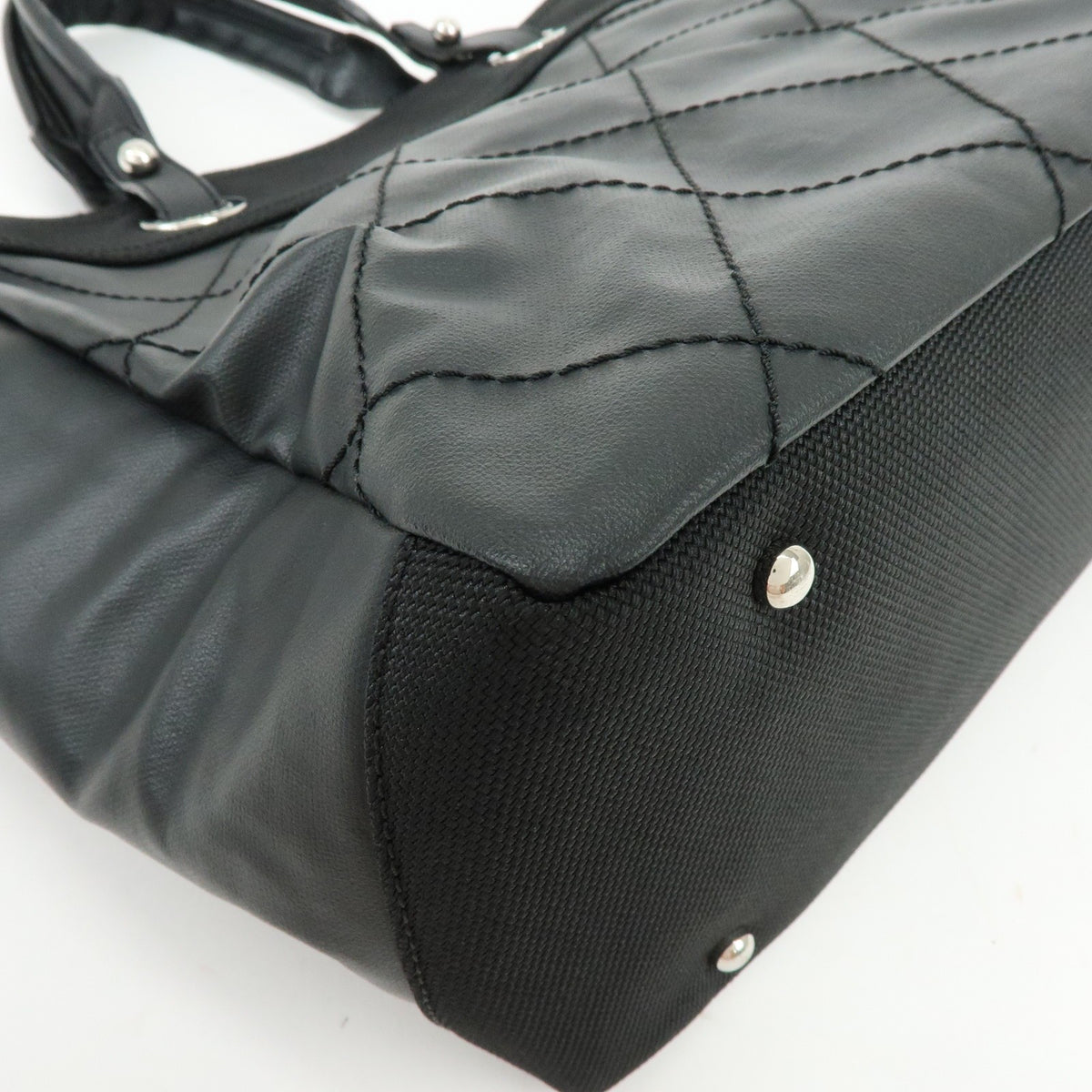 Chanel Biarritz Quilted Coated Canvas Black Leather Tote Bag Bag (Pre-Owned)