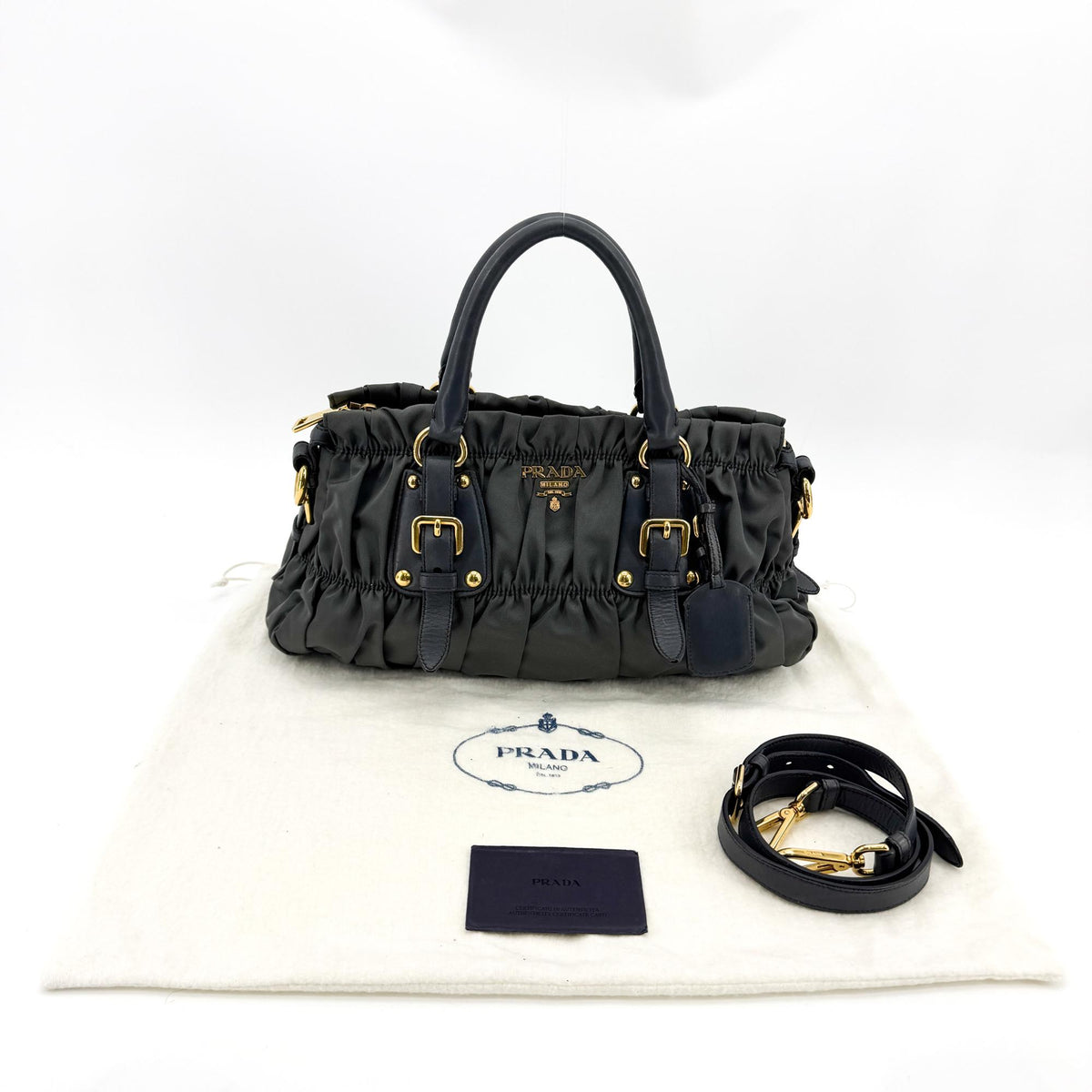 Prada Gaufre Nappa Leather Gray Nylon Tote Bag Bag (Pre-Owned)