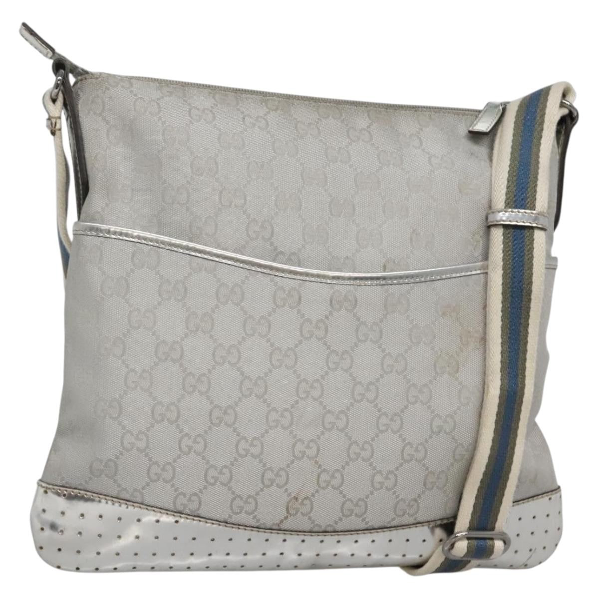 Gucci Zip Messenger Gg Canvas With Perforated Leather Silver Canvas Shoulder Bag Bag (Pre-Owned)