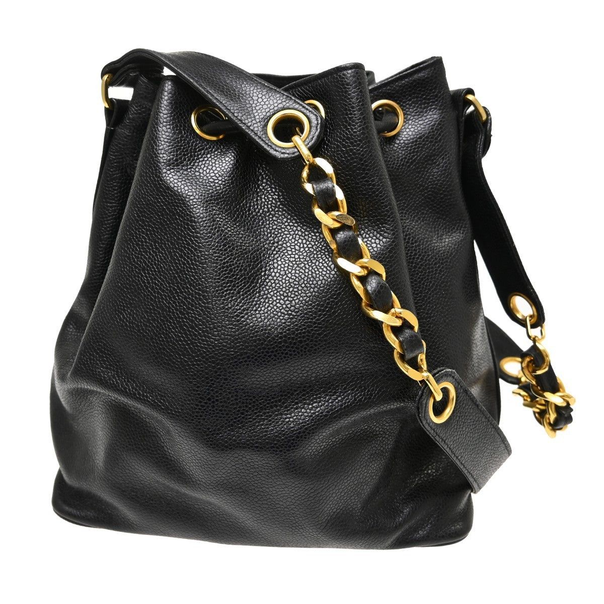 Chanel Vintage Cc Drawstring Chain Leather Black Leather Shoulder Bag Bag (Pre-Owned)