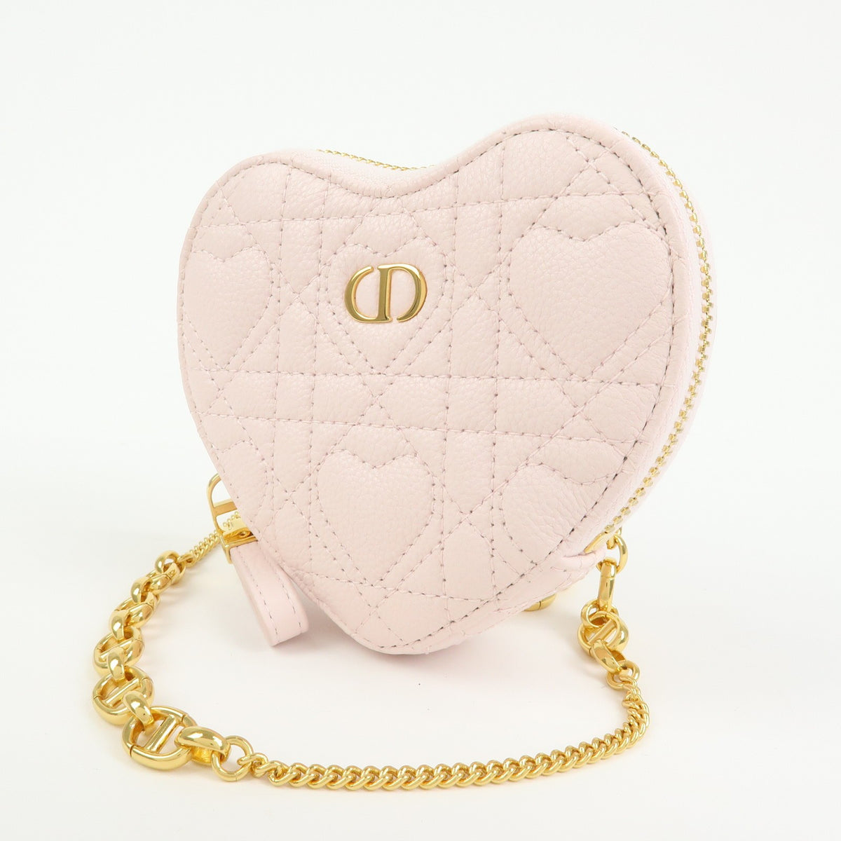 Christian Dior Dioramour Caro Heart Pouch With Chain Cannage Quilt Calfskin Pink Leather Clutche & Pouche Bag (Pre-Owned)