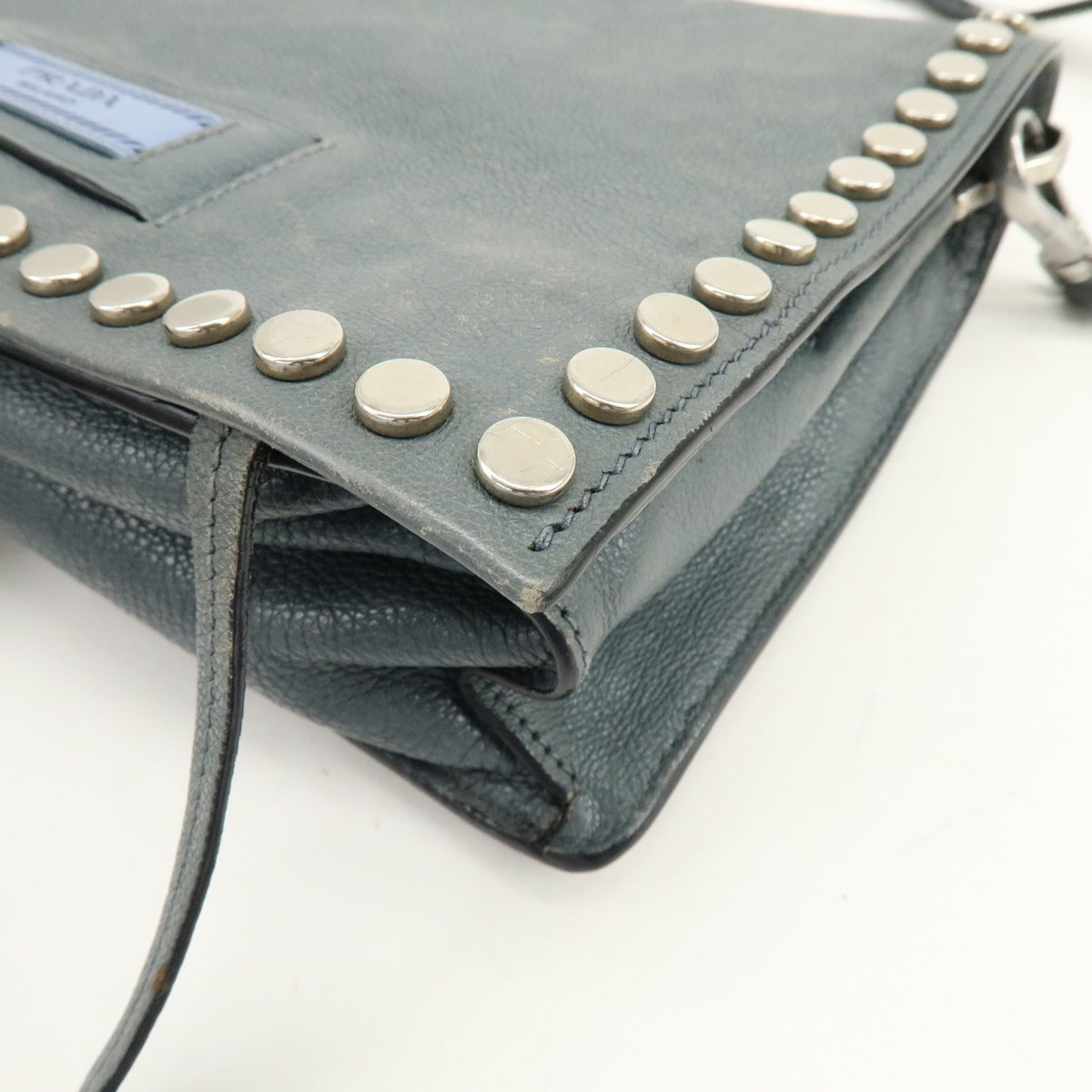 Prada Etiquette Flap Studded Tessuto Gray Leather Handbag (Pre-Owned)