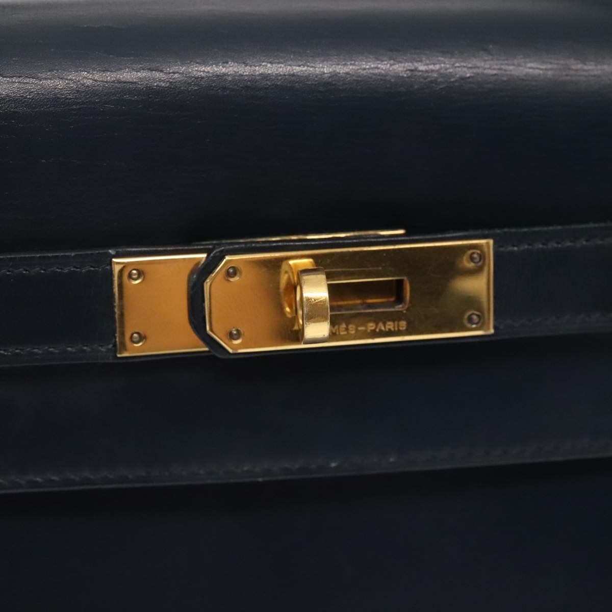 Hermes Kelly Black Box Calf With Gold Hardware Navy Leather Handbag (Pre-Owned)