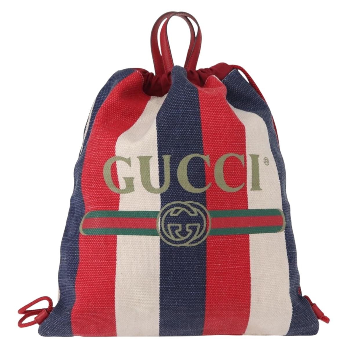 Gucci Logo Drawstring Striped Canvas Blue Canvas Backpack Bag (Pre-Owned)