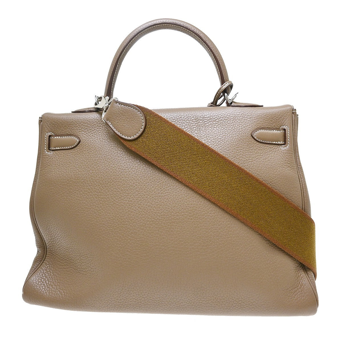 Hermes Kelly Etoupe Clemence With Palladium Hardware Beige Calfskin Handbag (Pre-Owned)
