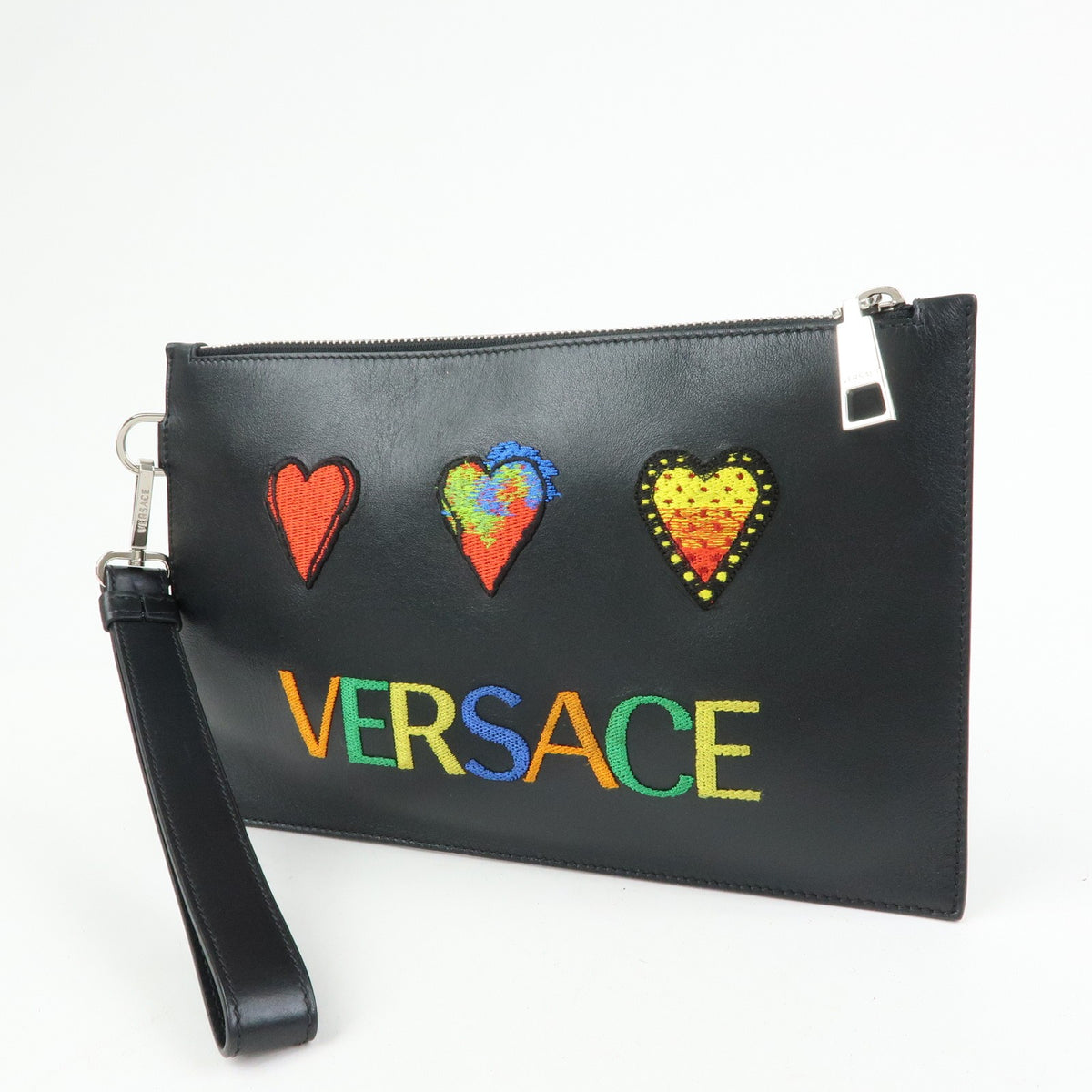 Versace Wristlet Printed Leather Black Leather Clutche & Pouche Bag (Pre-Owned)