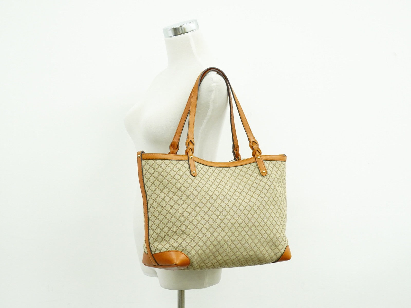 Gucci Craft Tote Diamante Canvas With Leather Beige Canvas Tote Bag Bag (Pre-Owned)