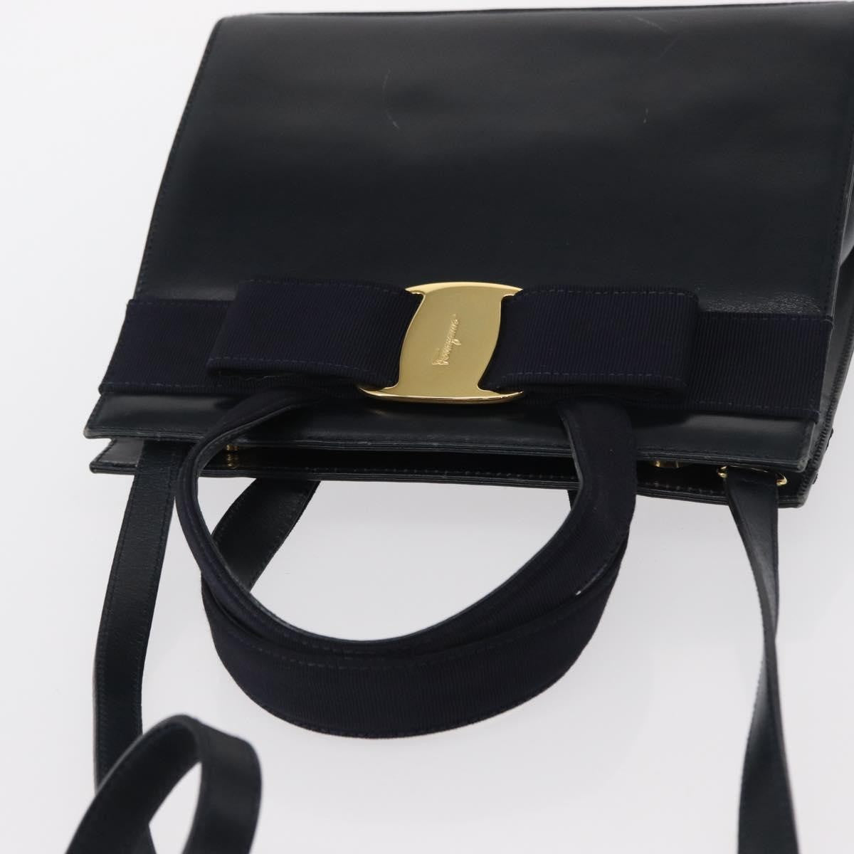 Salvatore Ferragamo Convertible Vara Bow Leather Navy Leather Handbag (Pre-Owned)