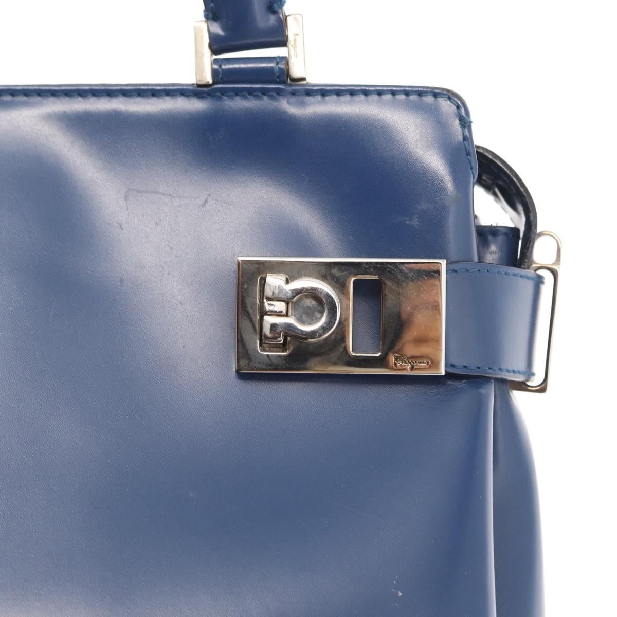 Salvatore Ferragamo Double Gancini Side Buckle Leather Blue Leather Handbag (Pre-Owned)