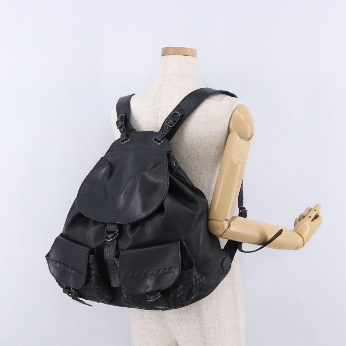 Bottega Veneta Intrecciato Leather Black Leather Backpack Bag (Pre-Owned)