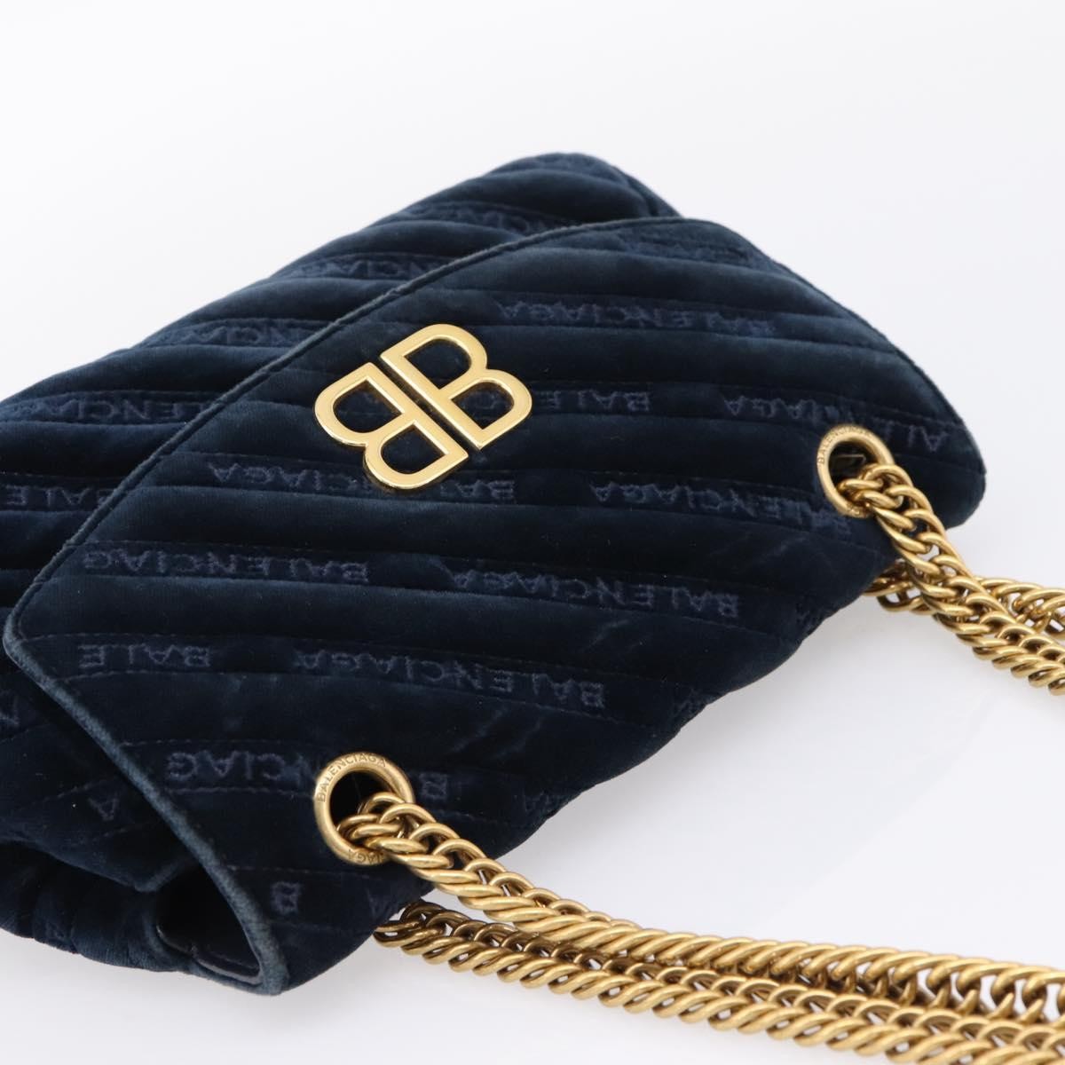 Balenciaga Bb Chain Round Quilted Velvet Navy Velvet Shoulder Bag Bag (Pre-Owned)