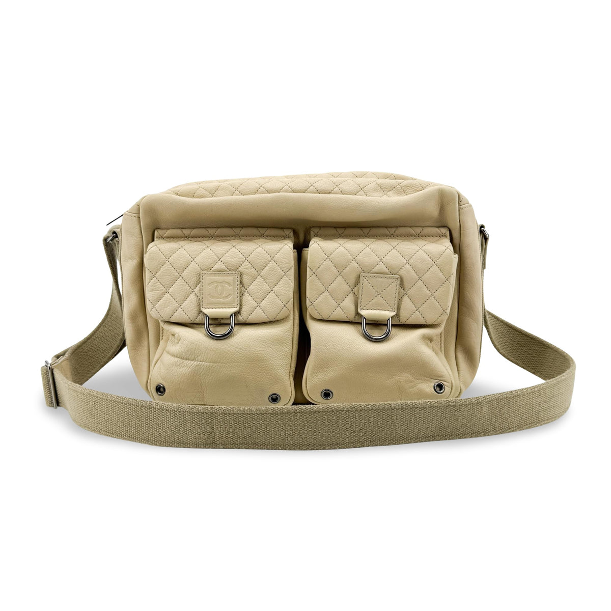 Chanel Sport Line Double Pocket Zip Messenger Leather Beige Leather Crossbody Bag Bag (Pre-Owned)