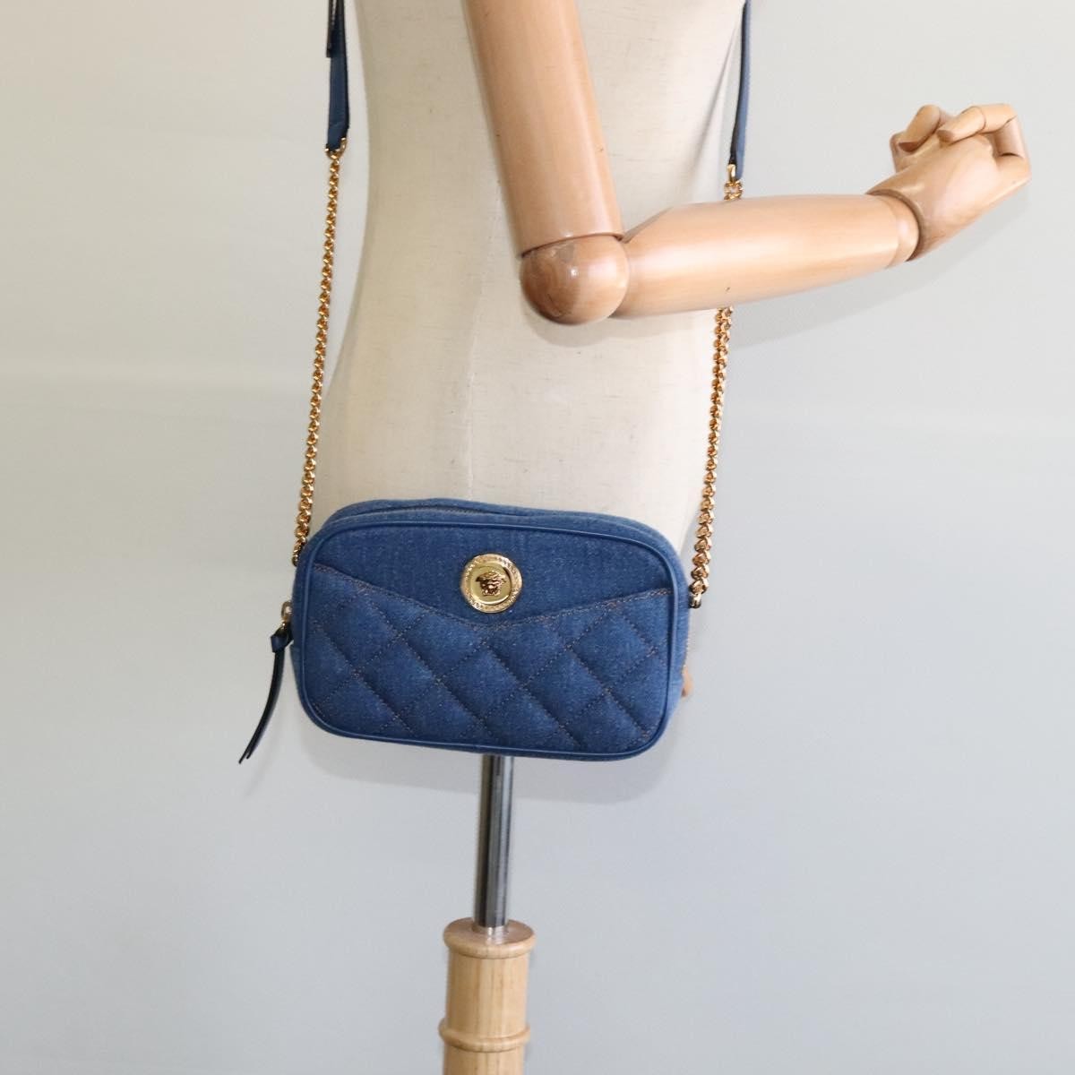 Versace Medusa Icon Front Slip Pocket Camera Quilted Denim Blue Canvas Shoulder Bag Bag (Pre-Owned)