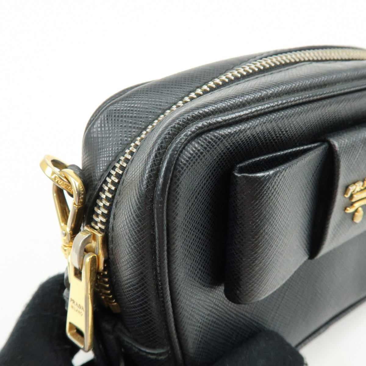 Prada Bow Camera Saffiano Leather Black Leather Crossbody Bag Bag (Pre-Owned)