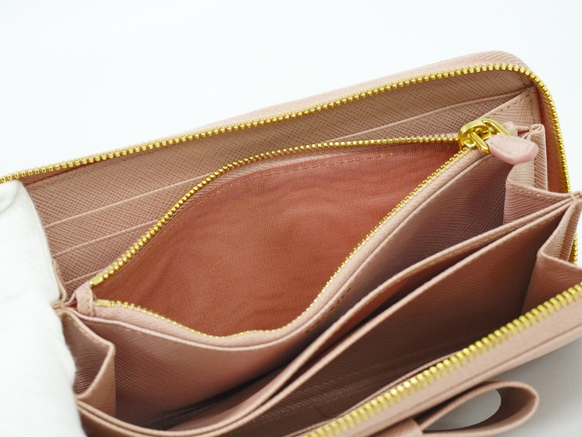 Prada Bow Zip Around Saffiano Leather Pink Leather Wallets Accessory (Pre-Owned)