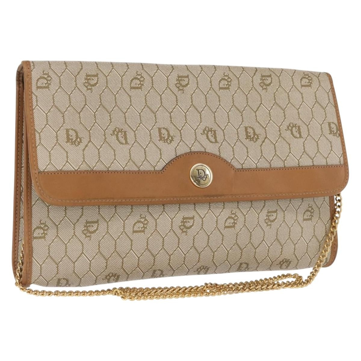 Christian Dior Vintage Honeycomb Chain Canvas Beige Canvas Shoulder Bag Bag (Pre-Owned)
