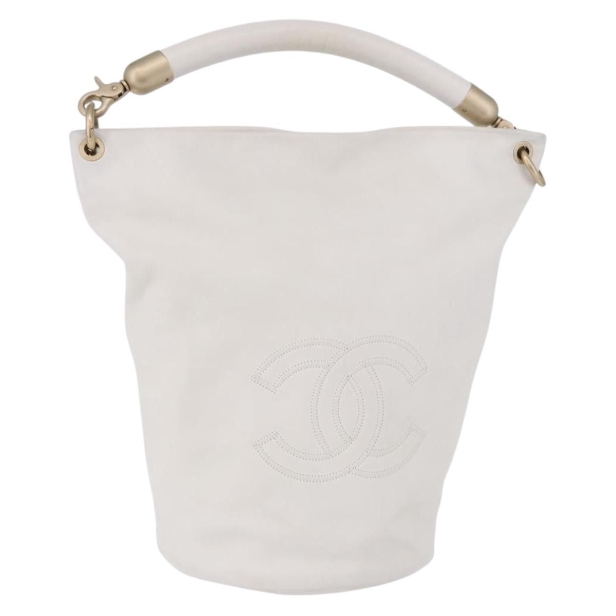 Chanel Vintage Cc Handle Bucket Leather White Leather Handbag (Pre-Owned)