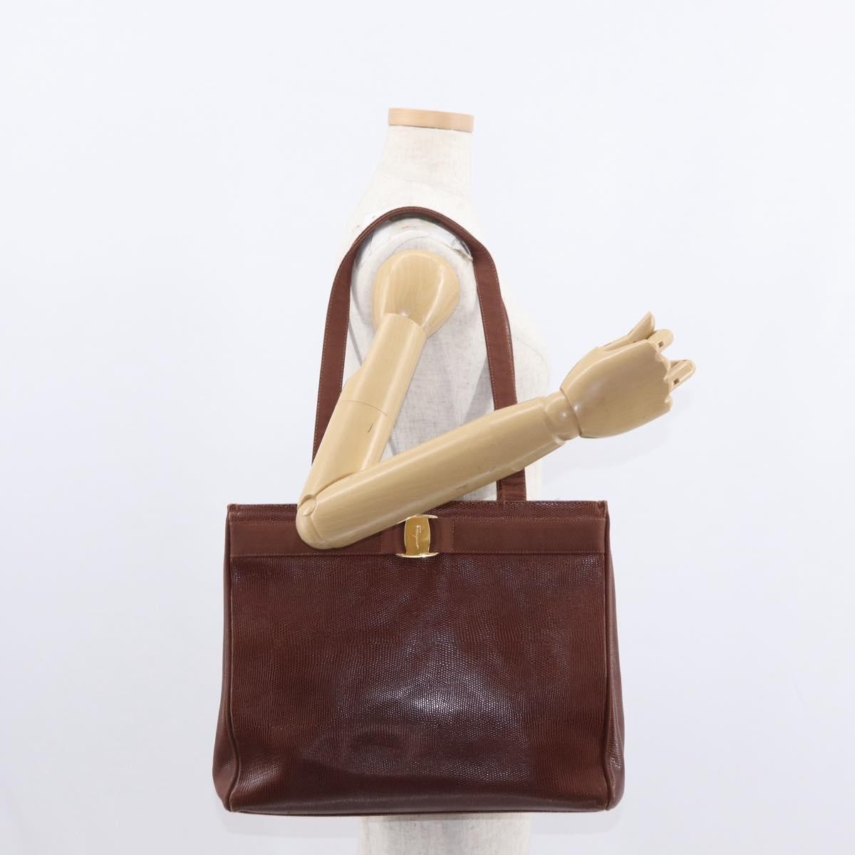 Salvatore Ferragamo Vintage Vara Bow Tote Lizard Embossed Leather Brown Leather Tote Bag Bag (Pre-Owned)