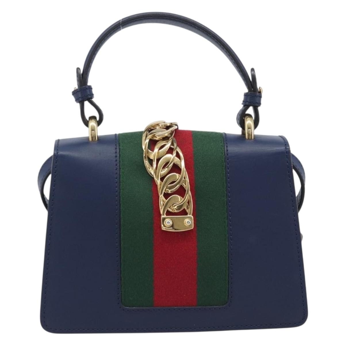 Gucci Sylvie Top Handle Leather Navy Leather Handbag (Pre-Owned)